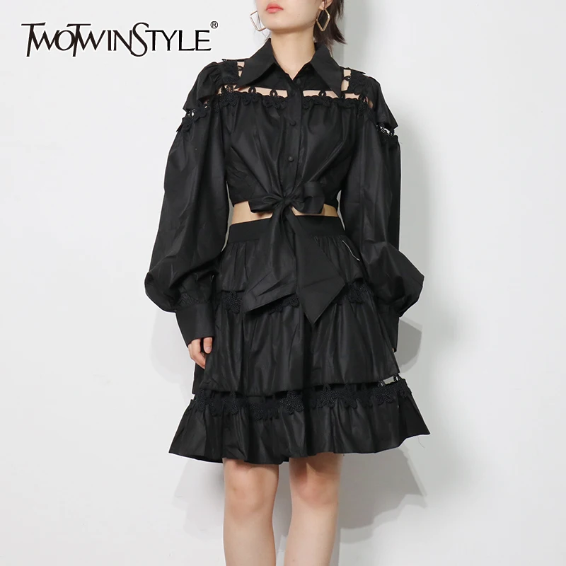 TWOTWINSTYLE Hollow Out White Set For Women Lapel Long Sleeve Shirt High Waist Mini Skirt Female Two Piece Set Fashion New 2021
TWOTWINSTYLE Hollow Out White Set For Women Lapel Long Sleeve Shirt High Waist Mini Skirt Female Two Piece Set Fashion New 2021