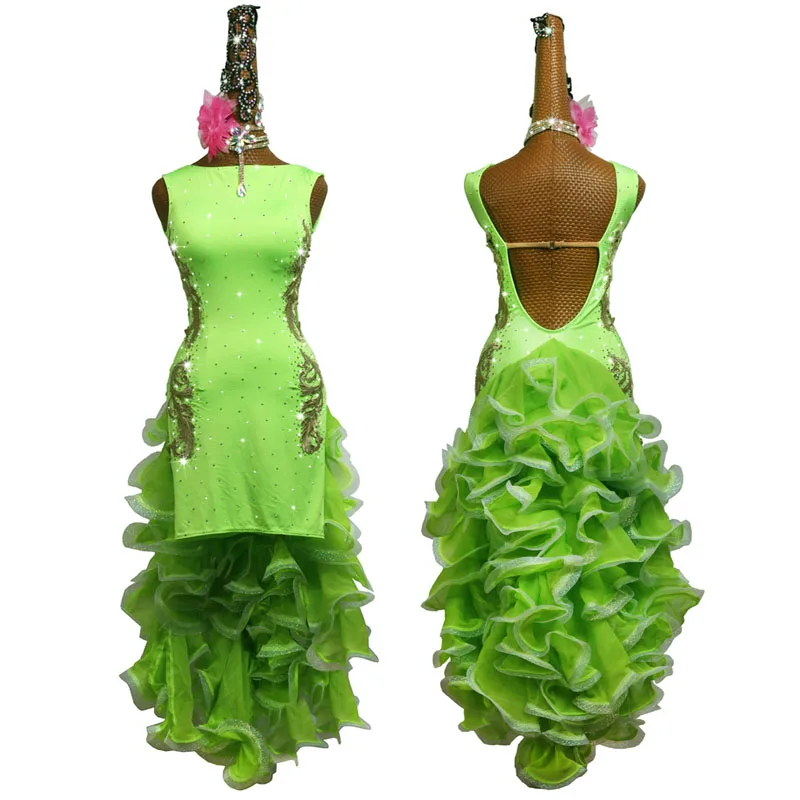 Платье для латиноамериканских танцев флуоресцентная зеленая юбка конкурсов
