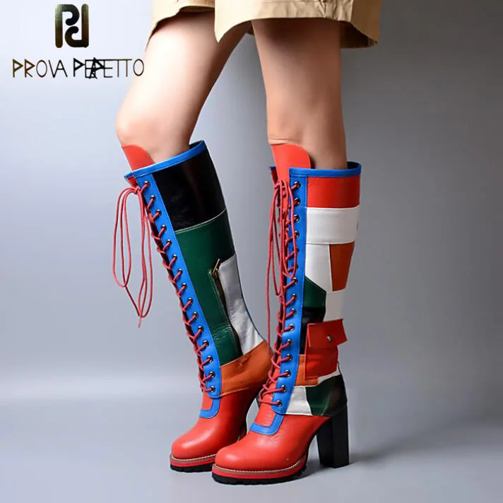 Женские сапоги до колена Prova Perfetto зимние осенние на платформе с круглым носком и
