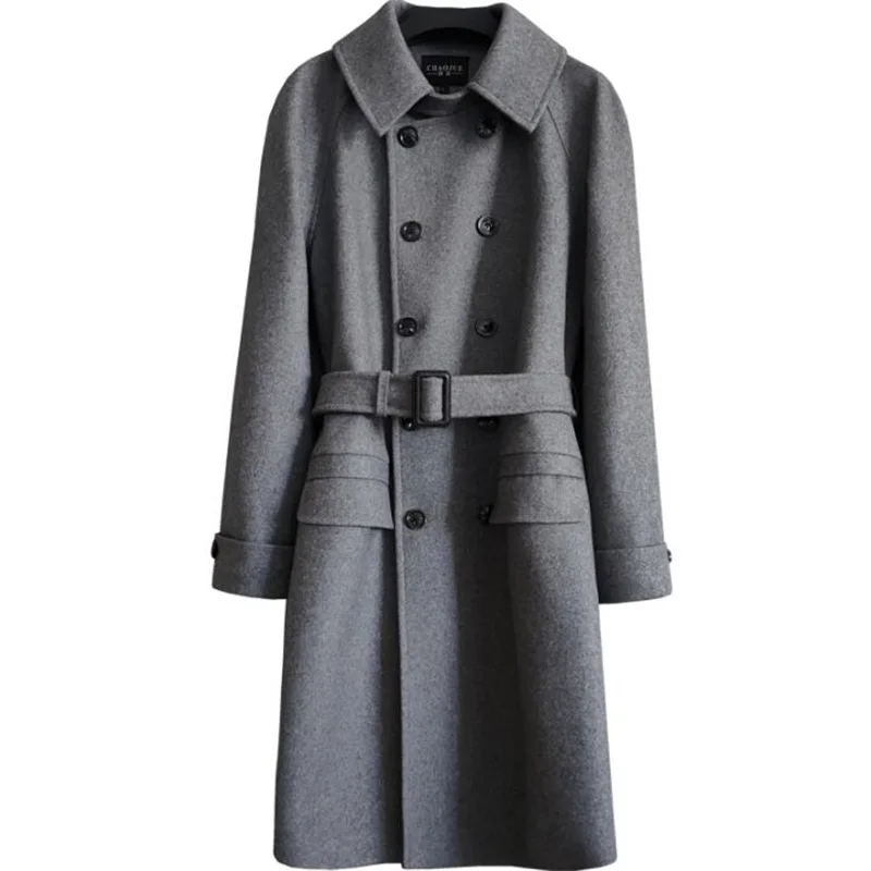 

Пальто шерстяное мужское, классическое двубортное пальто средней длины, Серый Черный Хаки, Осень-зима 2021