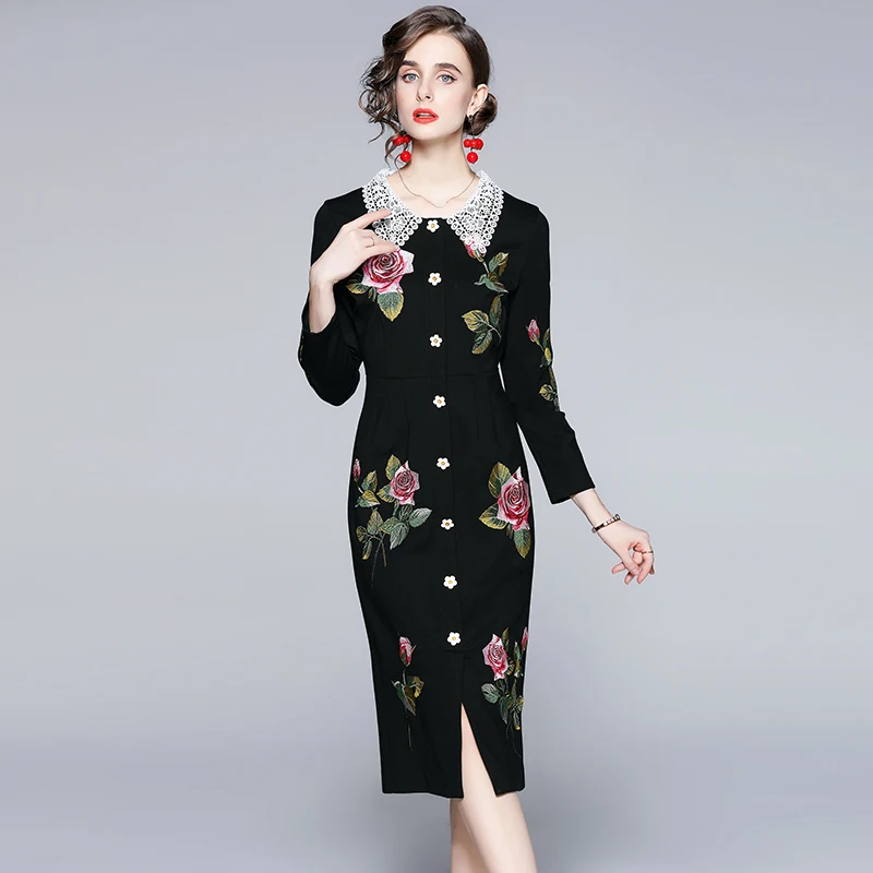 Banulin Autumn Fashion Dress Spring Women Dress Buttons Rose Embroidery Hot drilling Black Slim Noble Elegant Gorgeous Dresses
Banulin Autumn Fashion Dress Spring Women Dress Buttons Rose Embroidery Hot drilling Black Slim Noble Elegant Gorgeous Dresses