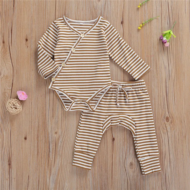 2019 Baby Spring Autumn Clothing Newborn Infant Baby Girls Boys Striped Cotton Clothes 2Pcs Sets Long Sleeve Button Romper Pants