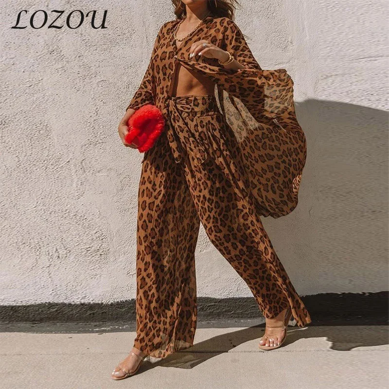 Summer Fashion Women Two Piece Sets Elegant Spring Long Sleeve Button Shirt Leopard Print V-Neck Long Shirt Wide Leg Pants Loose
Summer Fashion Women Two Piece Sets Elegant Spring Long Sleeve Button Shirt Leopard Print V-Neck Long Shirt Wide Leg Pants Loose