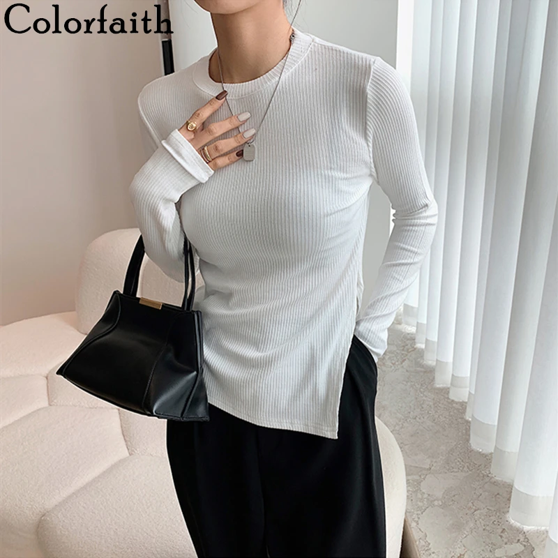 Colorfaith/Новинка 2021 года; Женская футболка на весну и осень; Базовая приталенная модная футболка с разрезом в минималистическом стиле; Топы для девушек; T2565
Colorfaith/Новинка 2021 года; Женская футболка на весну и осень; Базовая приталенная модная футболка с разрезом в минималистическом стиле; Топы для девушек; T2565