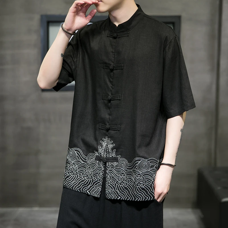 

Chinese Style Linens Short Sleeve Shirt Summer Retro Embroidery Plus Size Tops Men Clothing Traditional Dress Casual Hanfu Male