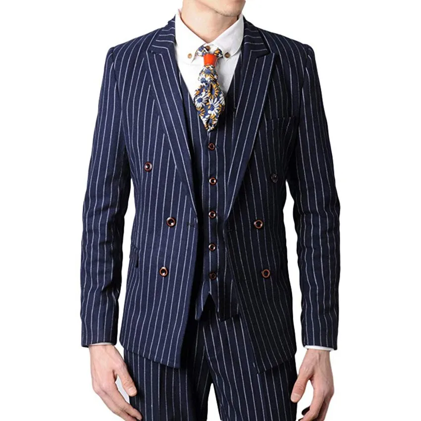 Navy with White Stripes Wear Peaky Blinders Suit Boda Groomsmen Groom Tuxedos Peak Lapel Men Suit 3 Pieces( Jacket+Pants+Vest)
Navy with White Stripes Wear Peaky Blinders Suit Boda Groomsmen Groom Tuxedos Peak Lapel Men Suit 3 Pieces( Jacket+Pants+Vest)