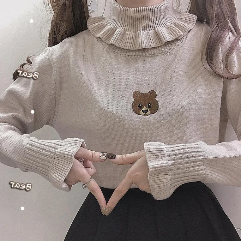 Base High Collar Sweater Girl Japanese Harajuku Wave Selvedge Sweet Cute Bear Embroidery Knitted Female Jumper Tops Women Autumn
Base High Collar Sweater Girl Japanese Harajuku Wave Selvedge Sweet Cute Bear Embroidery Knitted Female Jumper Tops Women Autumn