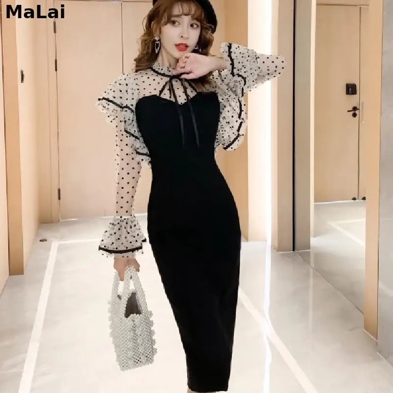 

Malai Sexy Polka Dot Women One-Piece Dress Korean Flare Sleeve High Waist Strapless Mesh Dresses Black 6867