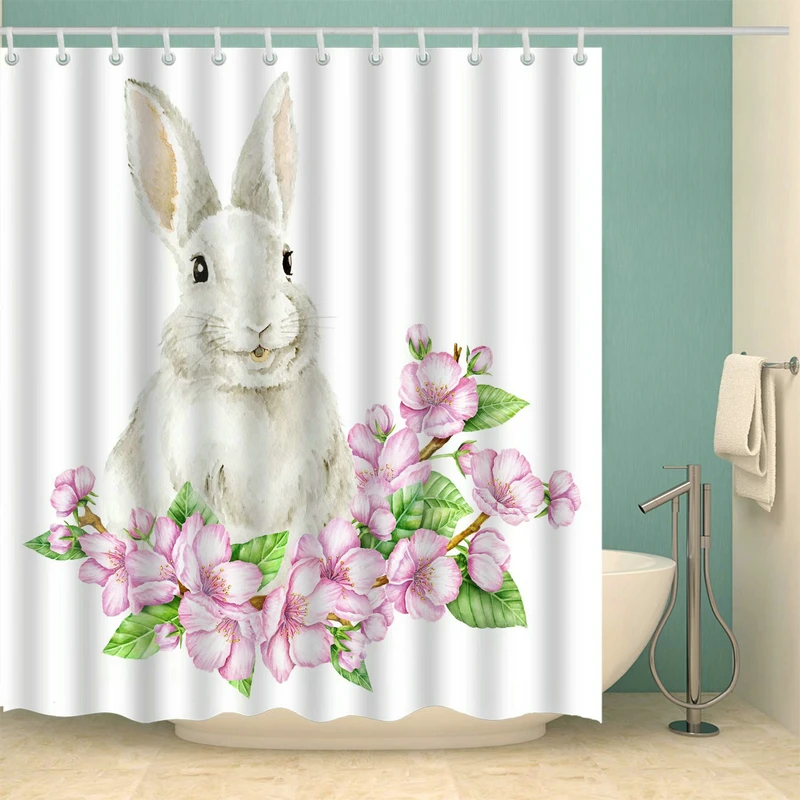 Cute Rabbit with Pink Flowers Shower Curtain Set with 12 Hooks Natural Plants Bathroom Decoration Washable Polyester Fabric
Cute Rabbit with Pink Flowers Shower Curtain Set with 12 Hooks Natural Plants Bathroom Decoration Washable Polyester Fabric