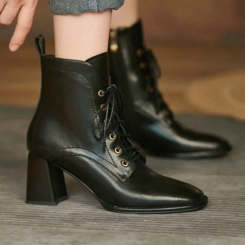 High heels Ankle Boots Genuine Leather Lace Up 2021 Winter Newest square Toe Shoes Woman Office Lady Basic Boots black brown
High heels Ankle Boots Genuine Leather Lace Up 2021 Winter Newest square Toe Shoes Woman Office Lady Basic Boots black brown