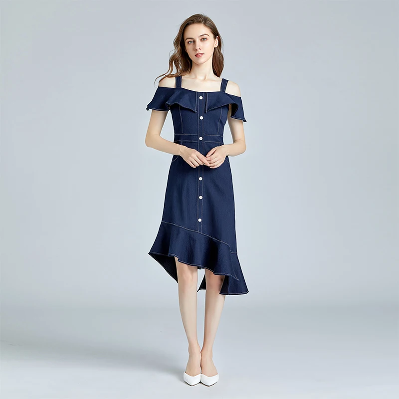 New Denim Dress Spring Summer 2021 Fashion Elegant Navy Style Strapless Empire Waist Ruffles Irregular Slim Dress
New Denim Dress Spring Summer 2021 Fashion Elegant Navy Style Strapless Empire Waist Ruffles Irregular Slim Dress