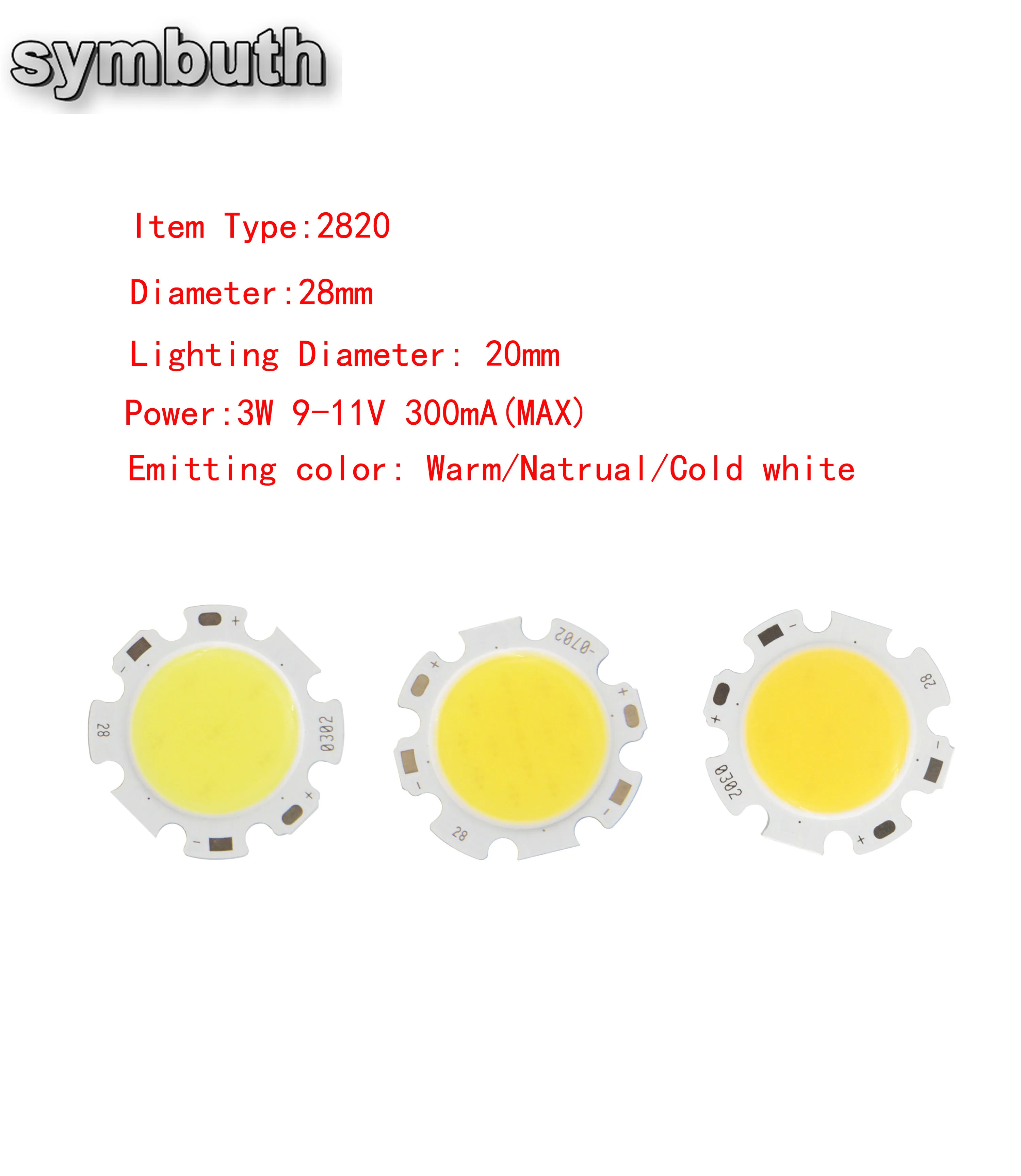 

10PCS 2820 3W 9V 300mA Round COB Light Source 28mm Diameter Circular Warm Natural Cold White LED for Spotlight