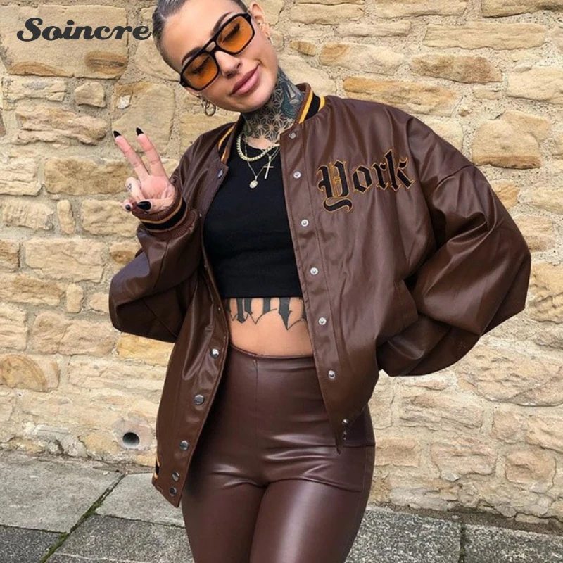 Letter Embroidery PU Leather Varsity Jackets Women 2021 Autumn Winter Fashion Oversized Baseball Bombe Coat Brown Loose Casual
Letter Embroidery PU Leather Varsity Jackets Women 2021 Autumn Winter Fashion Oversized Baseball Bombe Coat Brown Loose Casual