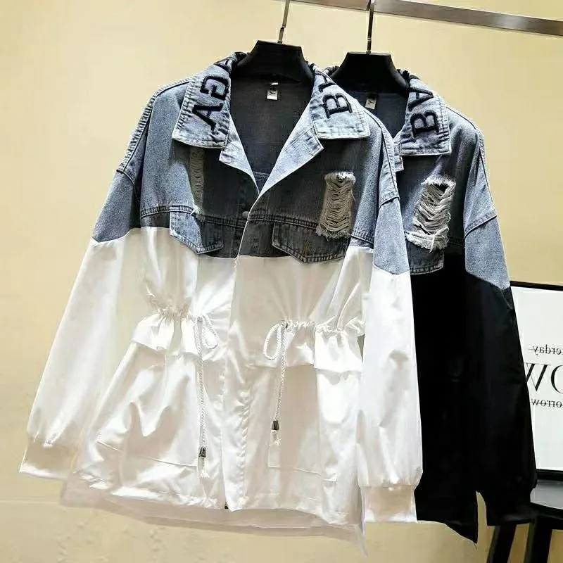

CBAFU комбинированная джинсовая куртка в стиле пэчворк с надписью, женская джинсовая куртка с отверстиями, Повседневная Свободная ветровка, п...