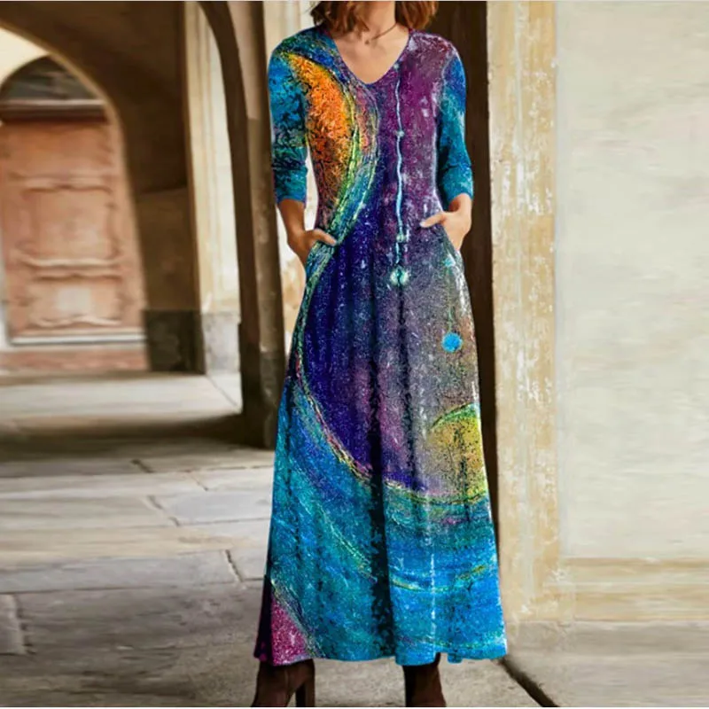 New Fashion Women Starry Sky Print Party Dress Spring Autumn O-neck Long Sleeve Maxi Dress Elegant Office Lady Pullover Vestidos
New Fashion Women Starry Sky Print Party Dress Spring Autumn O-neck Long Sleeve Maxi Dress Elegant Office Lady Pullover Vestidos
