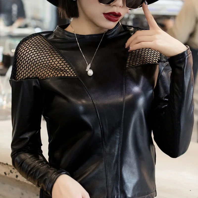 New Female Hollow Out Genuine Sheep Leather Spliced Women Solid Black Long Sleeve O Neck Collar Blouse Sheepskin Streetwear
New Female Hollow Out Genuine Sheep Leather Spliced Women Solid Black Long Sleeve O Neck Collar Blouse Sheepskin Streetwear