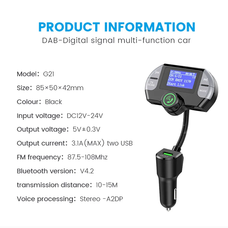 JaJaBor FM Transmitter Car DAB Digital Radio Bluetooth Car Kit Handsfree AUX Audio Broadcast 3 USB QC3.0 Support TF Card/U Disk
JaJaBor FM Transmitter Car DAB Digital Radio Bluetooth Car Kit Handsfree AUX Audio Broadcast 3 USB QC3.0 Support TF Card/U Disk