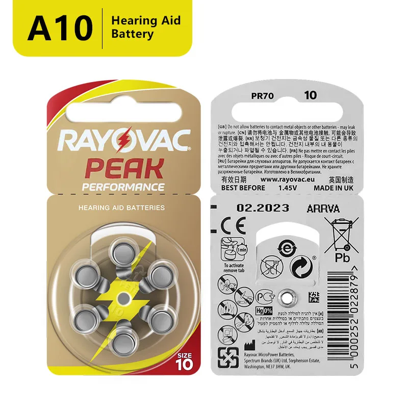 

60PCS / 10 Cards RAYOVAC PEAK Hearing Aid Batteries 1.45V A10 10A 10 PR70 Zinc Air Battery For BTE CIC RIC OE Hearing Aids