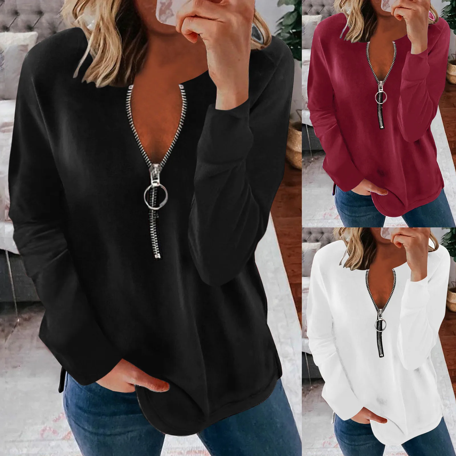 Solid Color T-shirt For Women Streetwear Fashion Casual Oversize Loose Long Sleeve V Neck Zipper Top Tee 2022 Autumn New Clothes
Solid Color T-shirt For Women Streetwear Fashion Casual Oversize Loose Long Sleeve V Neck Zipper Top Tee 2022 Autumn New Clothes