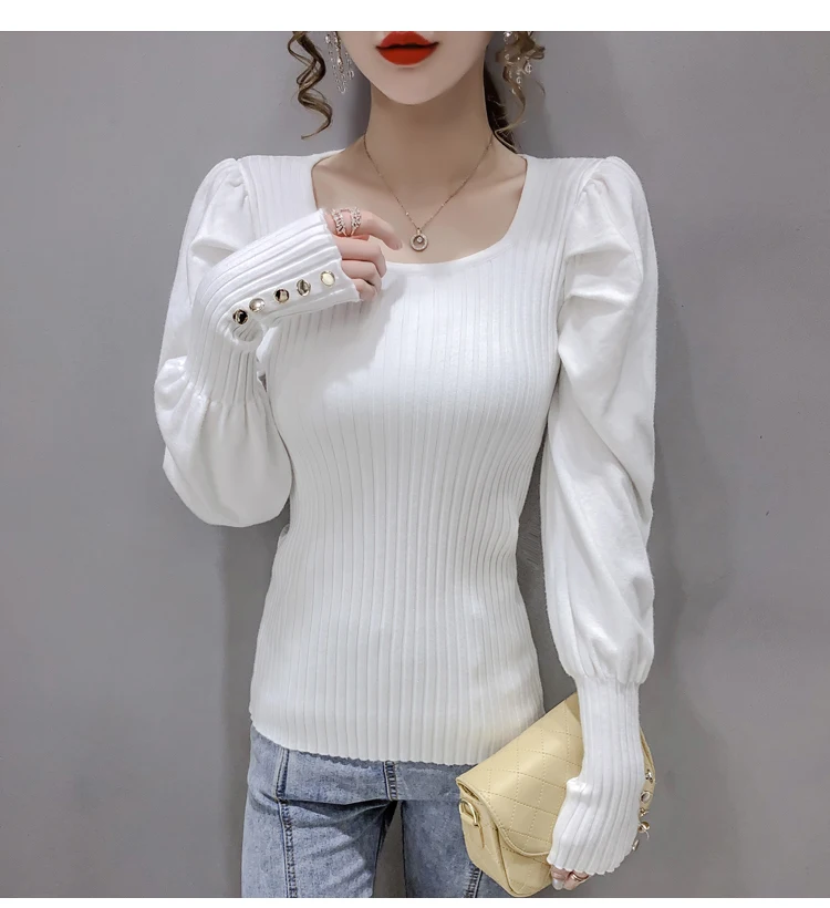 Suter de cuello cuadrado para mujer, suteres suaves de manga abombada con botones elsticos tejidos, Tops 2021
Suter de cuello cuadrado para mujer, suteres suaves de manga abombada con botones elsticos tejidos, Tops 2021