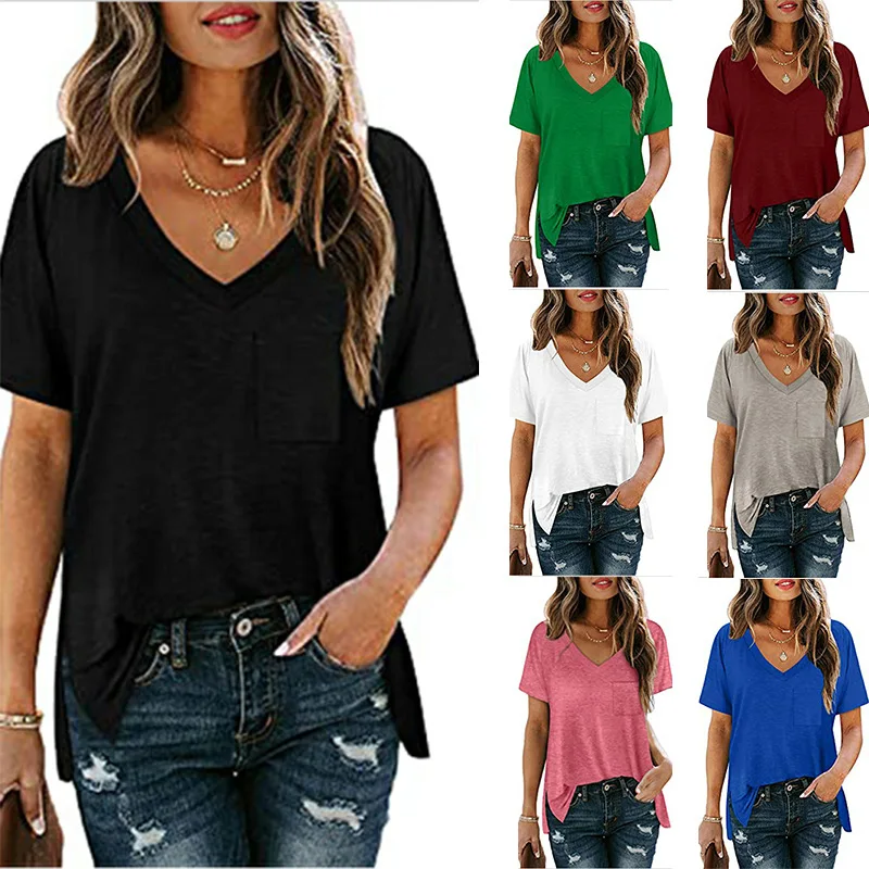Solid Color Short Sleeve V-neck Top Female with Pocket T Shirt Large Size Cotton T Shirt for Women Ladies Clothing
Solid Color Short Sleeve V-neck Top Female with Pocket T Shirt Large Size Cotton T Shirt for Women Ladies Clothing