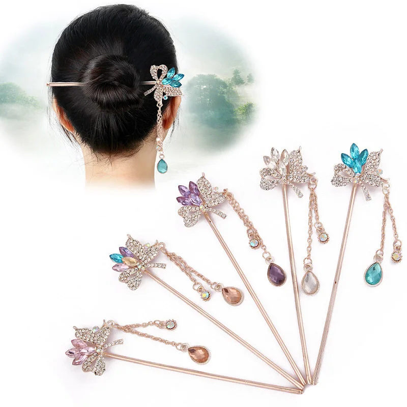 Korea Style Crystal Rhinestone Flower Hair Stick Teardrop Metal Chain Tassel Accessory Women Fashion Jewelry | Украшения и