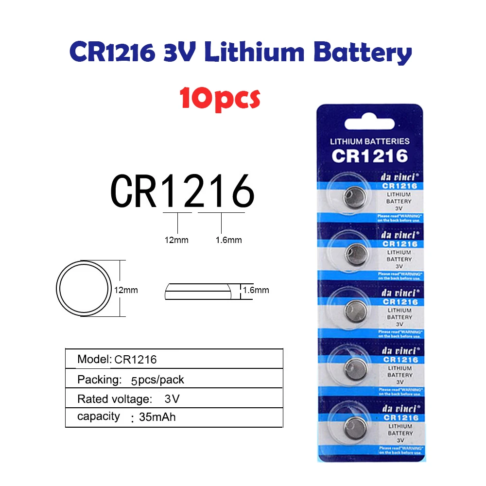 CR1216 10PCS 3V EE6218 Lithium Button Battery 35mAh for Watch Electronic Toy Remote 5034LC BR1216 DL1216 Coin Cell Batteries
CR1216 10PCS 3V EE6218 Lithium Button Battery 35mAh for Watch Electronic Toy Remote 5034LC BR1216 DL1216 Coin Cell Batteries