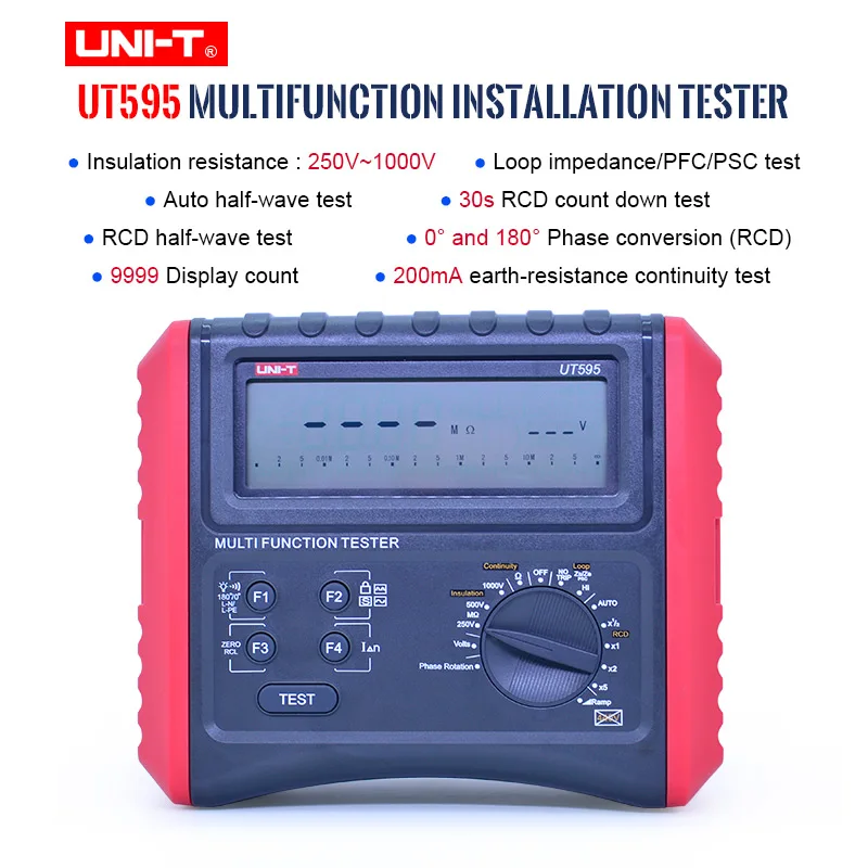 UNI-T UT595 digital RCD tester Multifunction Loop Testers Earth Ground Line Loop Impedance Tester Insulation Resistance Meter
UNI-T UT595 digital RCD tester Multifunction Loop Testers Earth Ground Line Loop Impedance Tester Insulation Resistance Meter