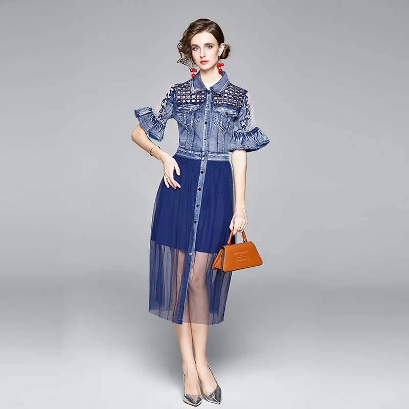 Bead Hollow Mesh Denim Patchwork Dress 2021 New Slimming Show Thin Horn Sleeve Tuxedo Elegant Party Dress Temperament MIDI Skirt
Bead Hollow Mesh Denim Patchwork Dress 2021 New Slimming Show Thin Horn Sleeve Tuxedo Elegant Party Dress Temperament MIDI Skirt