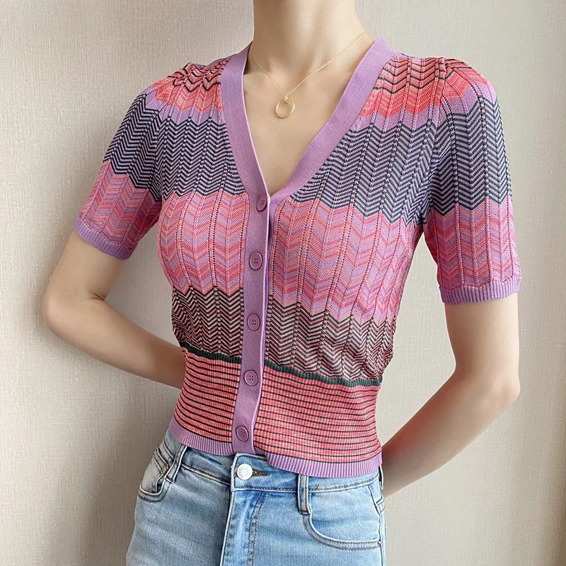 2020 summer women designer color block wave striped knit sweaters short sleeve v-neck single breasted top cardigan JC453
2020 summer women designer color block wave striped knit sweaters short sleeve v-neck single breasted top cardigan JC453
