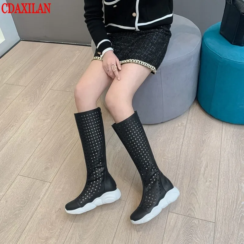 CDAXILAN new arrivals women's breathable eyelet boots hollowed out PU leather knee-high wedges round toe back zipper boots 
CDAXILAN new arrivals women's breathable eyelet boots hollowed out PU leather knee-high wedges round toe back zipper boots