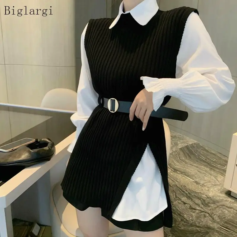 Spring Autumn Long Shirt Elegant Women Sets 2 Pieces Korean White Shirts and Black Sleeveless Sweater Set Womens Outfits 2022
Spring Autumn Long Shirt Elegant Women Sets 2 Pieces Korean White Shirts and Black Sleeveless Sweater Set Womens Outfits 2022