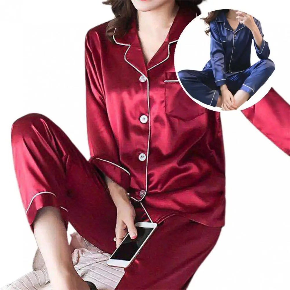 

Great Nightclothes Imitation Silk Cardigan Pajamas Suit Turn-down Collar Cardigan Female Nighty for Night Pajamas Suit