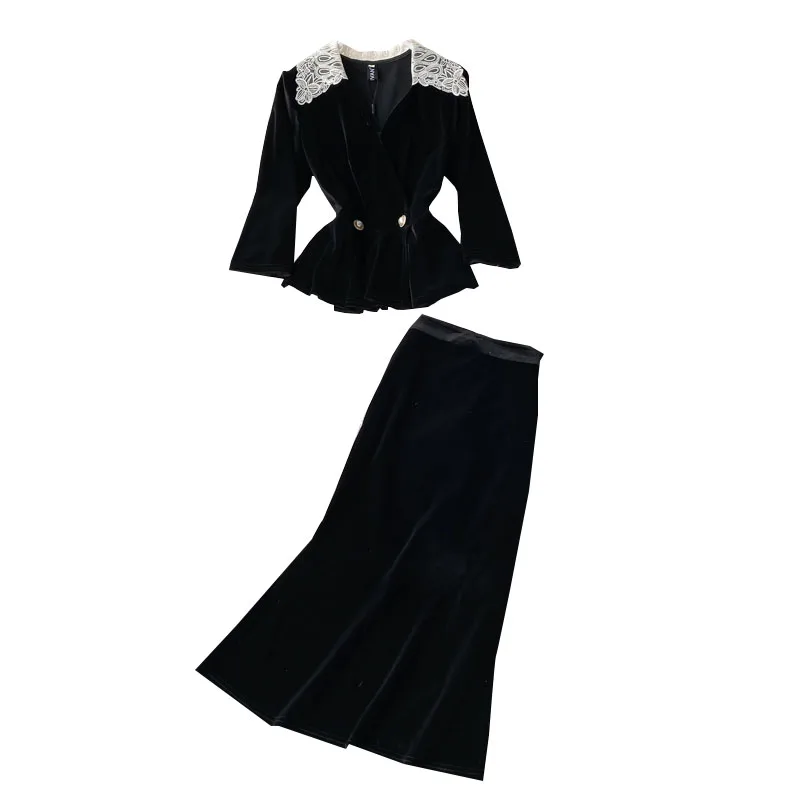 Autumn Velvet Women Bud Skirt Sets 2021 New Lace Neck Slim Blouse Black Elegant Office Lady Knee-Length Suits Top Quality
Autumn Velvet Women Bud Skirt Sets 2021 New Lace Neck Slim Blouse Black Elegant Office Lady Knee-Length Suits Top Quality