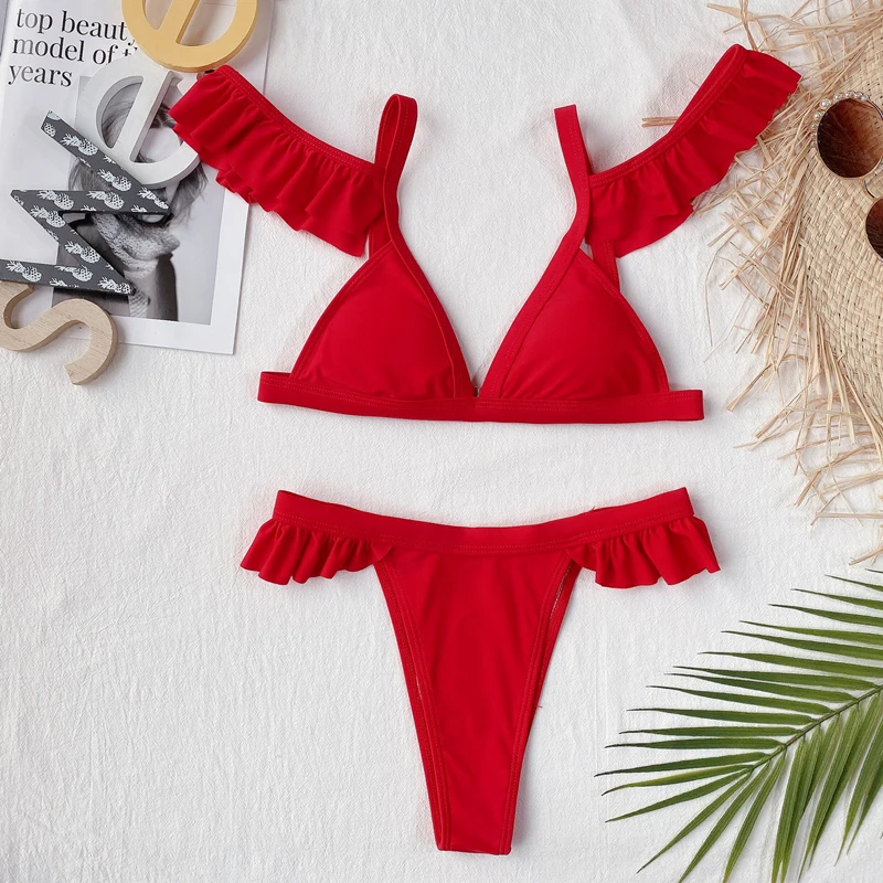 Bikini 2021 Women Solid Red High Waist Swimsuit Lotus Sleeve Beach Bathing Suit Swimwear Biquini Sexy Ruffle Bikinis Size S-L
Bikini 2021 Women Solid Red High Waist Swimsuit Lotus Sleeve Beach Bathing Suit Swimwear Biquini Sexy Ruffle Bikinis Size S-L