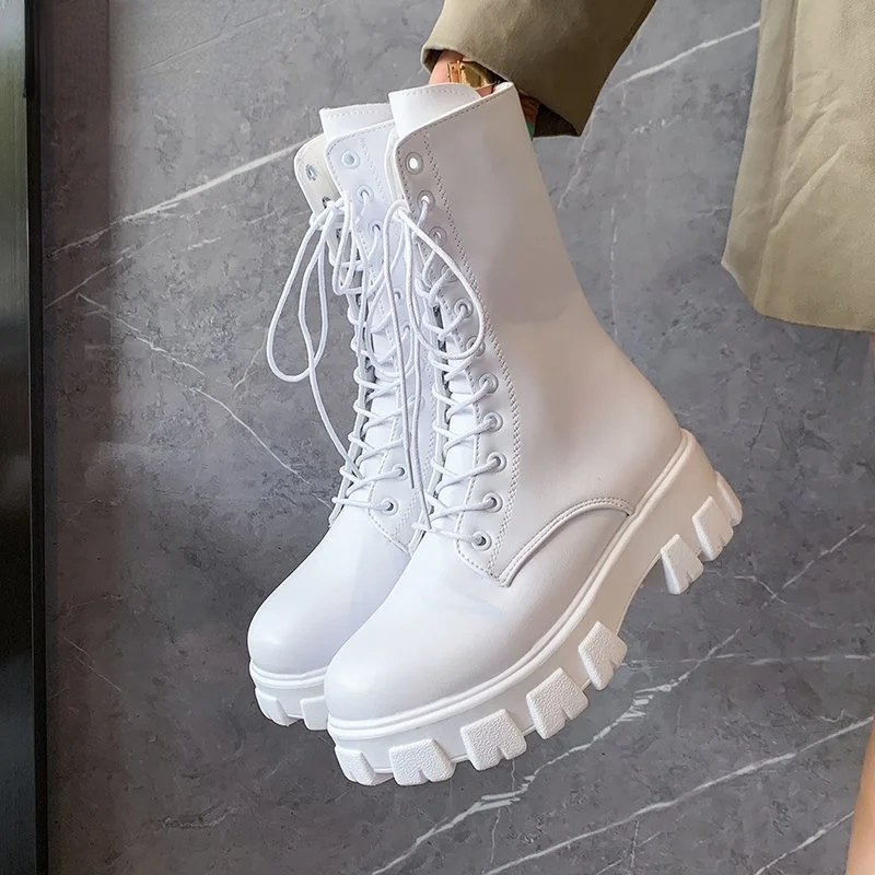 Женские ботильоны из искусственной кожи Martens, белые мотоциклетные ботинки на платформе и массивном каблуке, Осень-зима
Женские ботильоны из искусственной кожи Martens, белые мотоциклетные ботинки на платформе и массивном каблуке, Осень-зима