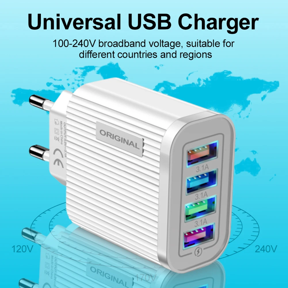 ABS 4 USB Mobile Phone Charger 3.1A Multi-Port Universal Travel Home EU/US Plug Wall Charging Head for Tablet Smart Phone
ABS 4 USB Mobile Phone Charger 3.1A Multi-Port Universal Travel Home EU/US Plug Wall Charging Head for Tablet Smart Phone