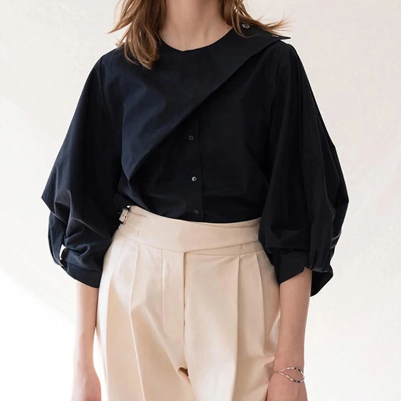 SISPELL puff sleeve shirts for female solid color irregular ruched women's blouse shirt streetwear fashion tide 
SISPELL puff sleeve shirts for female solid color irregular ruched women's blouse shirt streetwear fashion tide