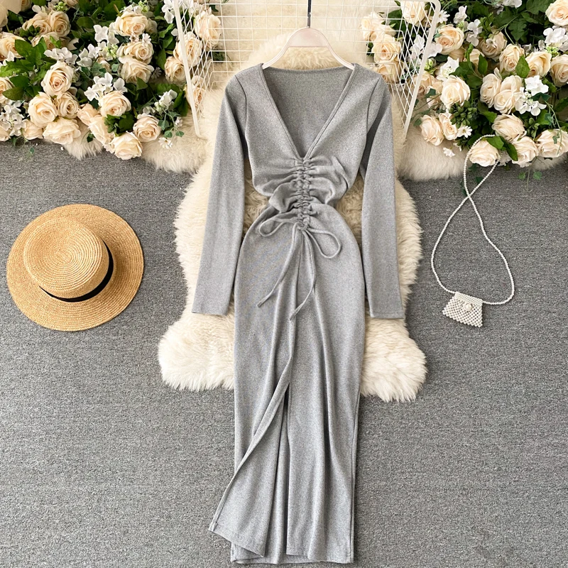 Drawstring pleated sexy deep v-neck knitted bodycon dress women fashion autumn long sleeve front split midi party dress vestidos
Drawstring pleated sexy deep v-neck knitted bodycon dress women fashion autumn long sleeve front split midi party dress vestidos