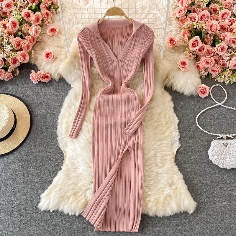 Autumn Winter Women Knitted Dresses Sheath Furrow Utban Ladies Slim Split Mid-calf Long Sleeves Low Cut Middle Pencil Dress
Autumn Winter Women Knitted Dresses Sheath Furrow Utban Ladies Slim Split Mid-calf Long Sleeves Low Cut Middle Pencil Dress