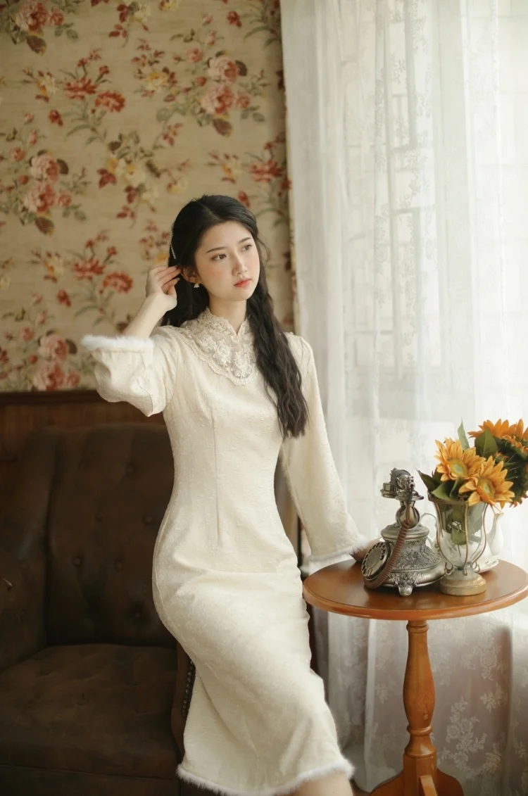 

Chinese Style National Trendy Style Retro Beige Cheongsam Improved Dress Women 'S Autumn And Winter Bottoming Design Sense Niche