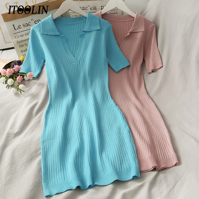 

ITOOLIN Elegant Knitted Dress For Women 2021 Summer V Neck Ribbed Polo Shirt Mini Dress High Waist Slimming Robe Femme