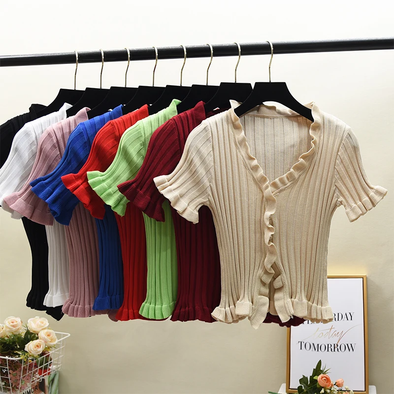 Women Ruffles Knitted Short Flare Sleeve Cropped Sweaters Cardigans Lady Single-breasted Summer Thin Sweater Crop Tops Female
Women Ruffles Knitted Short Flare Sleeve Cropped Sweaters Cardigans Lady Single-breasted Summer Thin Sweater Crop Tops Female