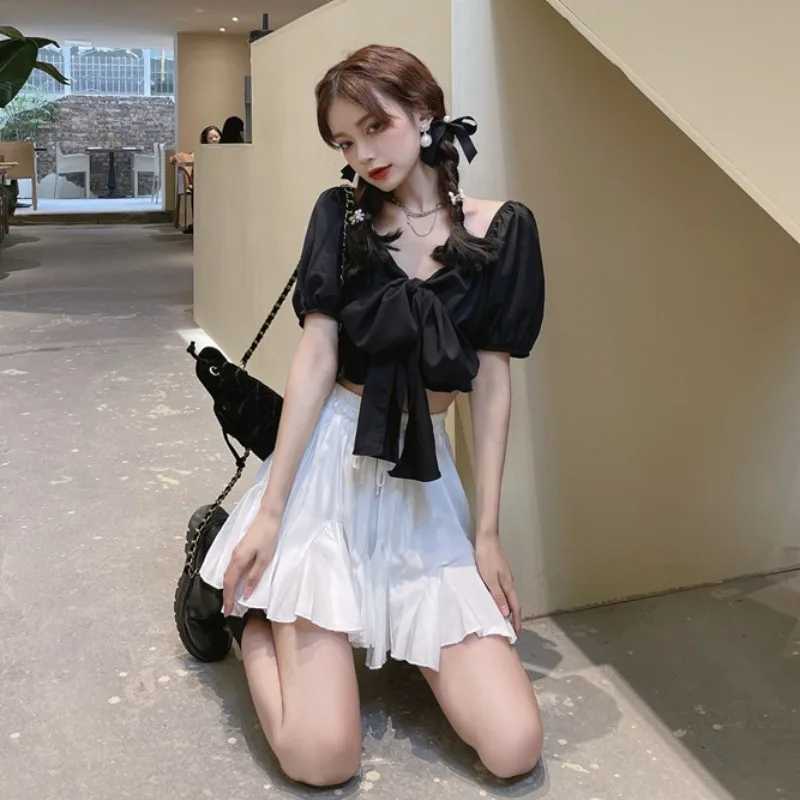 

Summer Black Slimming Shirt + White High-Waist All-Match Tutu Salt Style Fried Street Suit Female Temperament Twinset