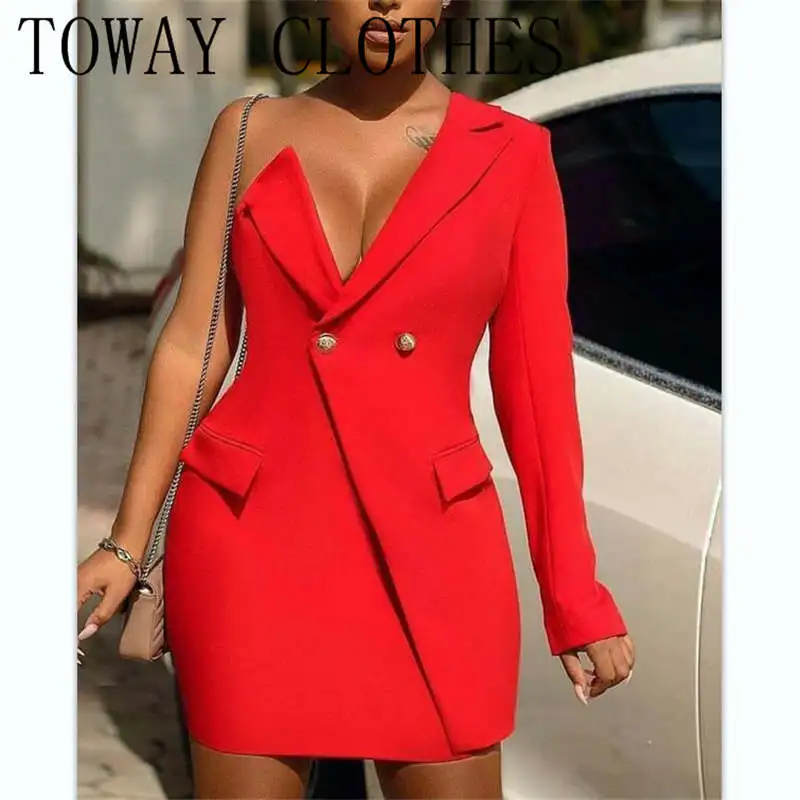 NEW Solid Color One Shoulder Long Sleeve Double Button Blazer Dress Party Blazer Dress
NEW Solid Color One Shoulder Long Sleeve Double Button Blazer Dress Party Blazer Dress