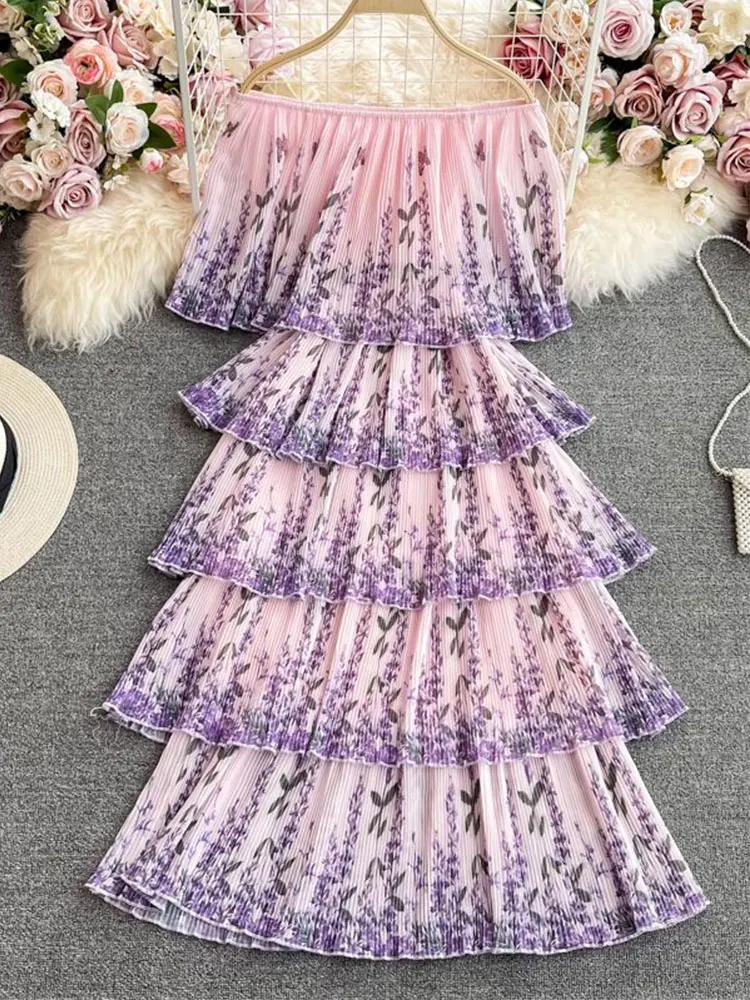 

Summer Gradient Flower Print Cake Dress Women's Off-shoulder Batwing Sleeve Cascading Ruffle Beach Long Maxi Dress Robe M7403#