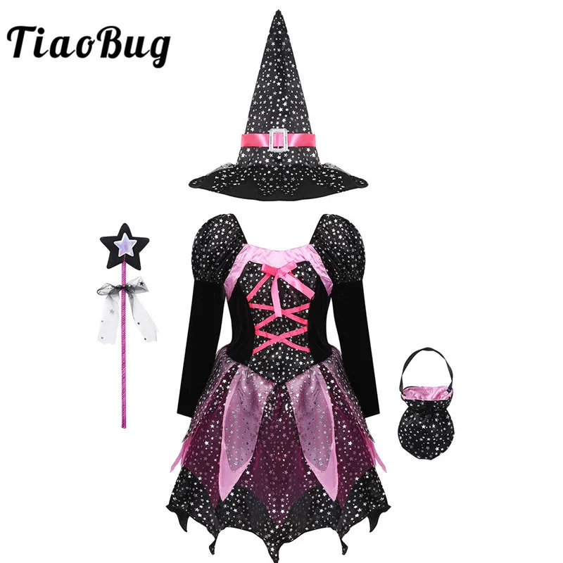Kids Girls Halloween Witch Costume Long Sleeve Sparkly Silver Stars Printed Dress with Pointed Hat Wand Candy Bag Roleplay Set
Kids Girls Halloween Witch Costume Long Sleeve Sparkly Silver Stars Printed Dress with Pointed Hat Wand Candy Bag Roleplay Set