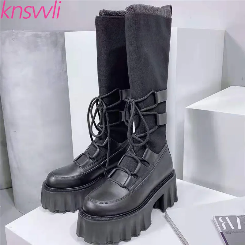 Thick Sole Sock Boots Women Genuine Leather Patchwork Stretch Knit Boots Woman Square Heel Platform Motorcycle boots Women Shoes
Thick Sole Sock Boots Women Genuine Leather Patchwork Stretch Knit Boots Woman Square Heel Platform Motorcycle boots Women Shoes