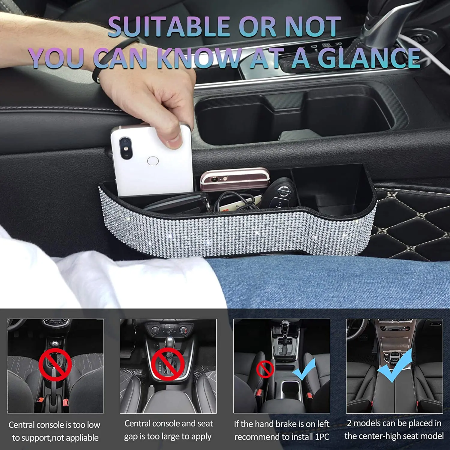 Car Seat Pockets with Crystal and Side Console Seat Organizer with Two Loading Doors on the Bottom, Pure White Diamonds 2 Pieces
Car Seat Pockets with Crystal and Side Console Seat Organizer with Two Loading Doors on the Bottom, Pure White Diamonds 2 Pieces