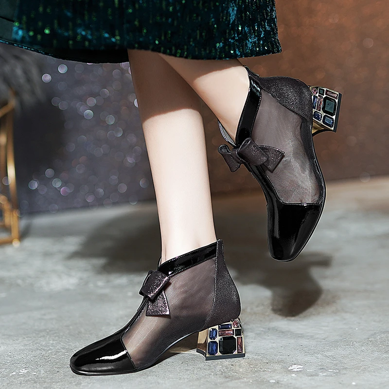 CONASCO Women Cow Patent Leather Summer Ankle Boots Pumps Butterfly-Knot Mesh Crystal Thick High Heels Back Zipper Boots Woman
CONASCO Women Cow Patent Leather Summer Ankle Boots Pumps Butterfly-Knot Mesh Crystal Thick High Heels Back Zipper Boots Woman